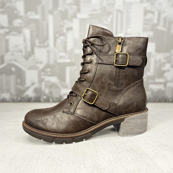 Womens Lug Combat Ankle Boots Lace Up Buckle Zipper Brown Size 11 - Picture 1 of 5